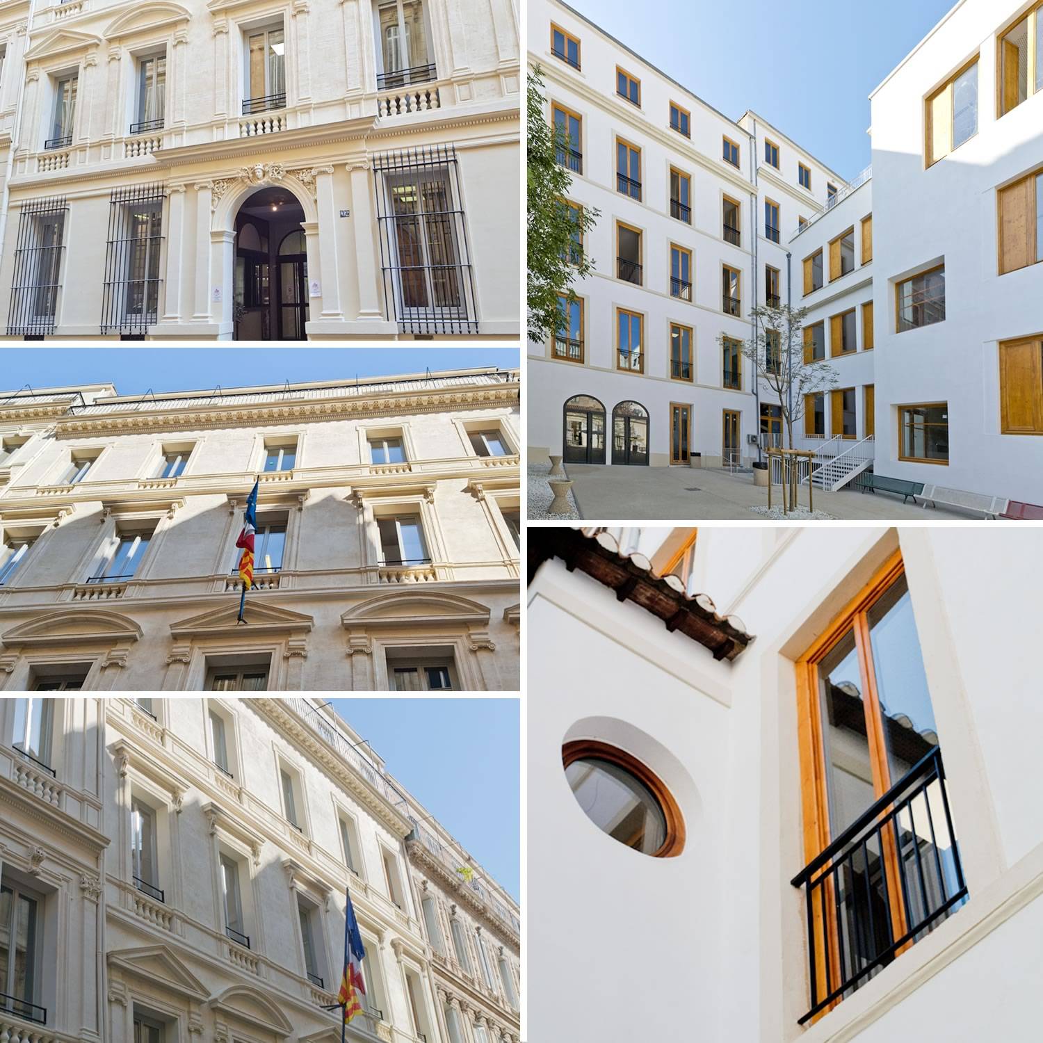 Lycée Charles Péguy à Marseille : Lait de chaux sur les façades en pierre et Marmorino blanc avec changement de couleur sur les modénatures sur les façades de l'extension, de la cafétéria et du mur séparatif