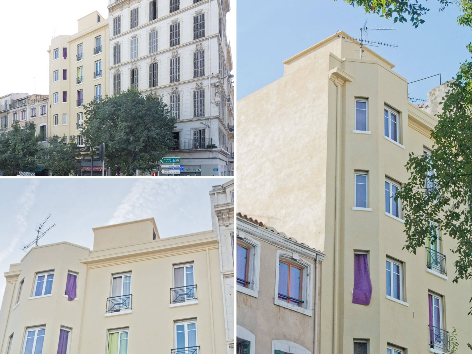 25, boulevard Dugommier à Marseille : application d'enduit chaux Marmorino et badigeon de lait de chaux sur les façades cet immeuble des années 50