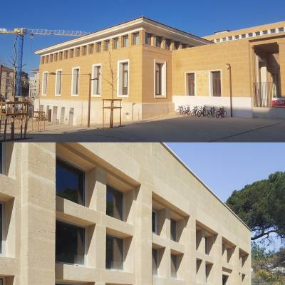 Réhabilitation de la Bibliothèque Universitaire de Droit du Campus d'Aix-en-Provence (13100), bâtiments de M. Fernand Pouillon, façades et modénatures en pierre de taille - Architecte : M. Roland CARTA / CARTA Associés