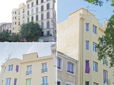 25, boulevard Dugommier à Marseille : application d'enduit chaux Marmorino et badigeon de lait de chaux sur les façades cet immeuble des années 50