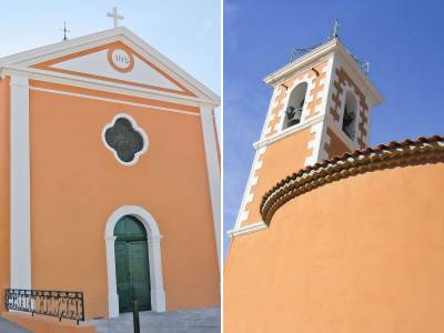 Eglise d'Ensuès-la-Redonne (Paroisse Saint Maur) : Marmorino frottassé sur les façades, lait de chaux blanc sur les modénatures et encadrements