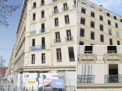 Ilot 22 République à Marseille : Lait de chaux sur les façades en pierre